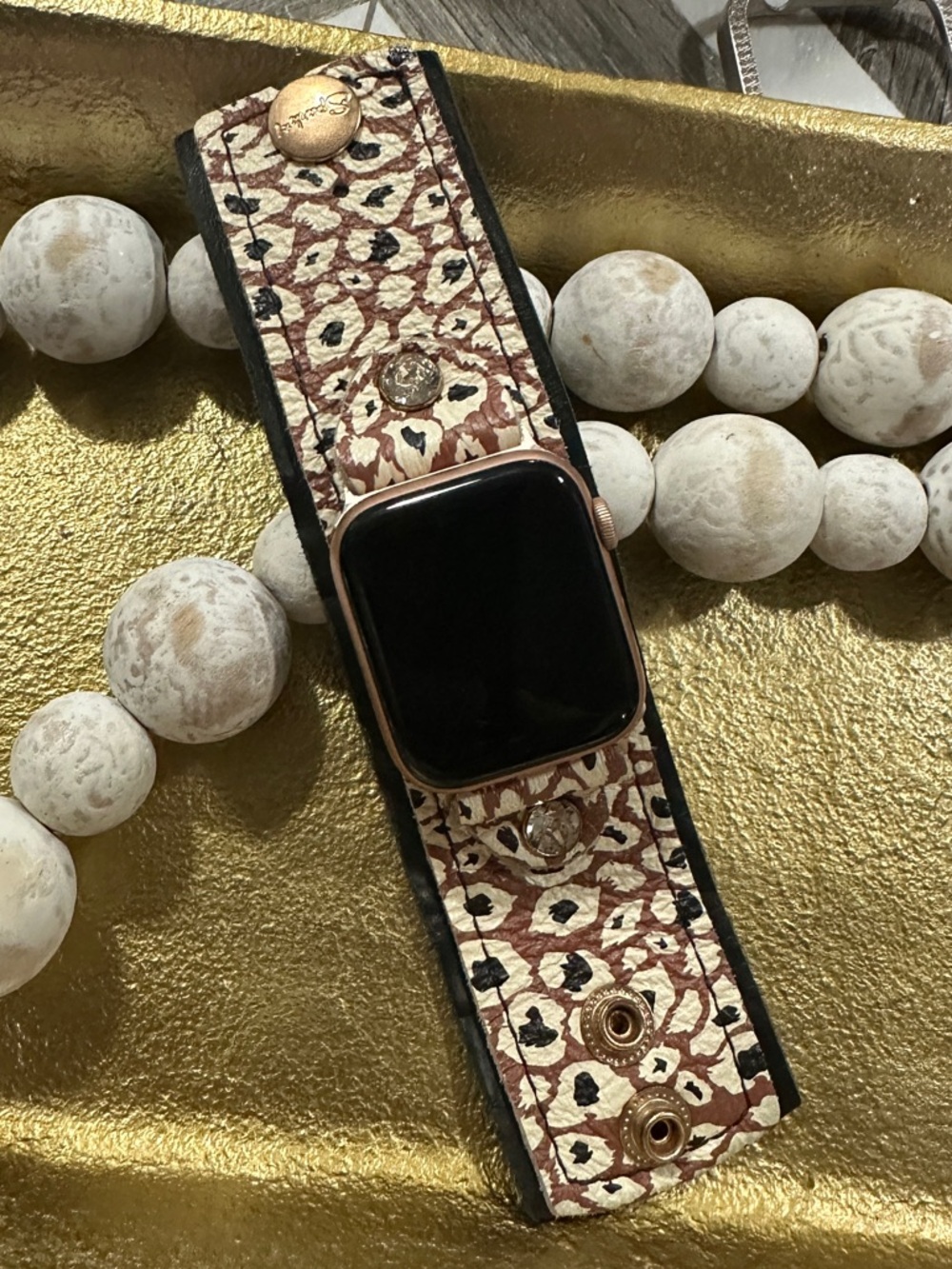 Leopard-Print Leather Watch Band in Brown and Cream large adapters